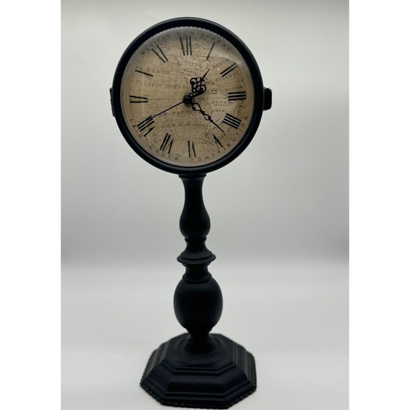 17 Inch Decorative Table Clock Pedestal Black Metal Roman Numeral Double Faced - Picture 1 of 7